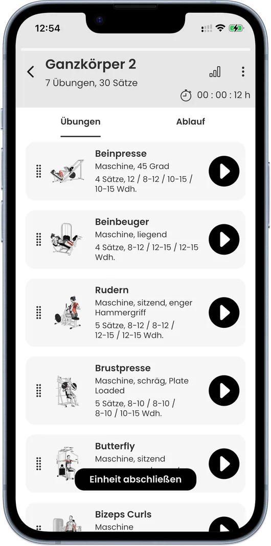 Trainingsplan in der GymClub App mit Übungen und Sätzen